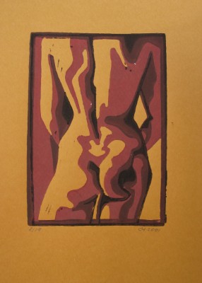 Linoldruck auf Papier mit abstrakter Darstellung Aktes in Blau, Ocker und Gelb